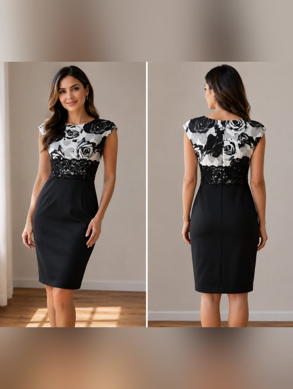 Joseph Ribkoff Black White Rose Print Lace Sheath Dress Size Small